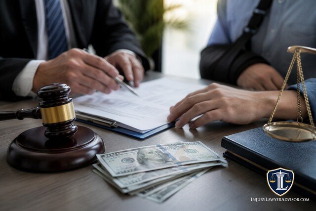 Personal injury lawyer reviewing a settlement with a client, featuring legal documents, a gavel, and compensation money.