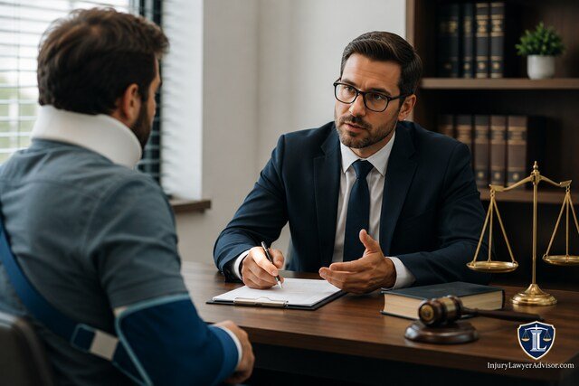 Personal injury attorney consulting an injured client in a modern law office.