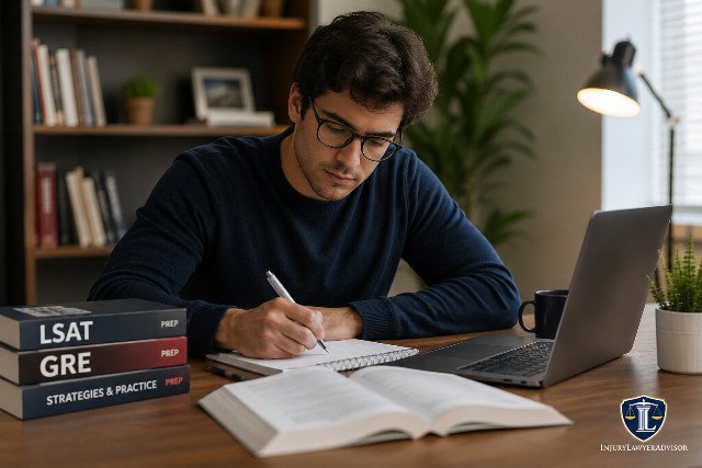 Student preparing for the LSAT or GRE at a desk with study books, a laptop, and notes in a modern home office, with the InjuryLawyerAdvisor logo in the bottom-right corner.