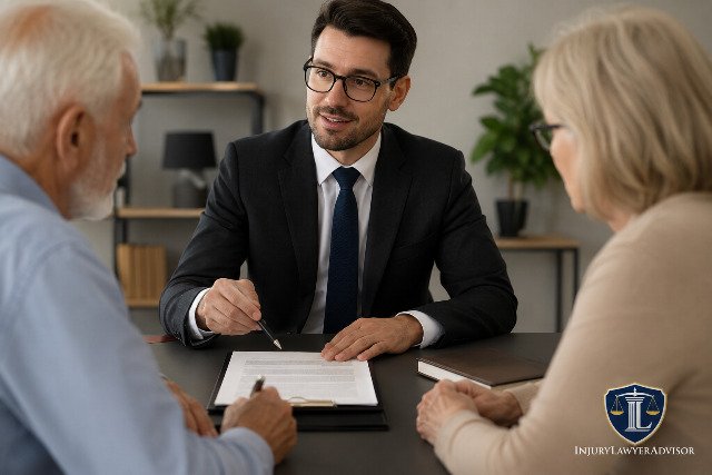 Elder law attorney explaining legal fee structures to an elderly couple during a professional office consultation, with the InjuryLawyerAdvisor logo in the bottom-right corner.
