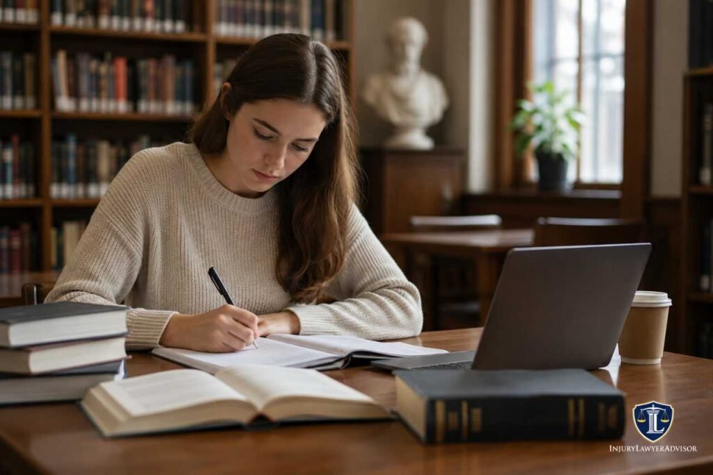 A law school applicant studying in a university library with legal books, a laptop, and notes while preparing for law school admission.