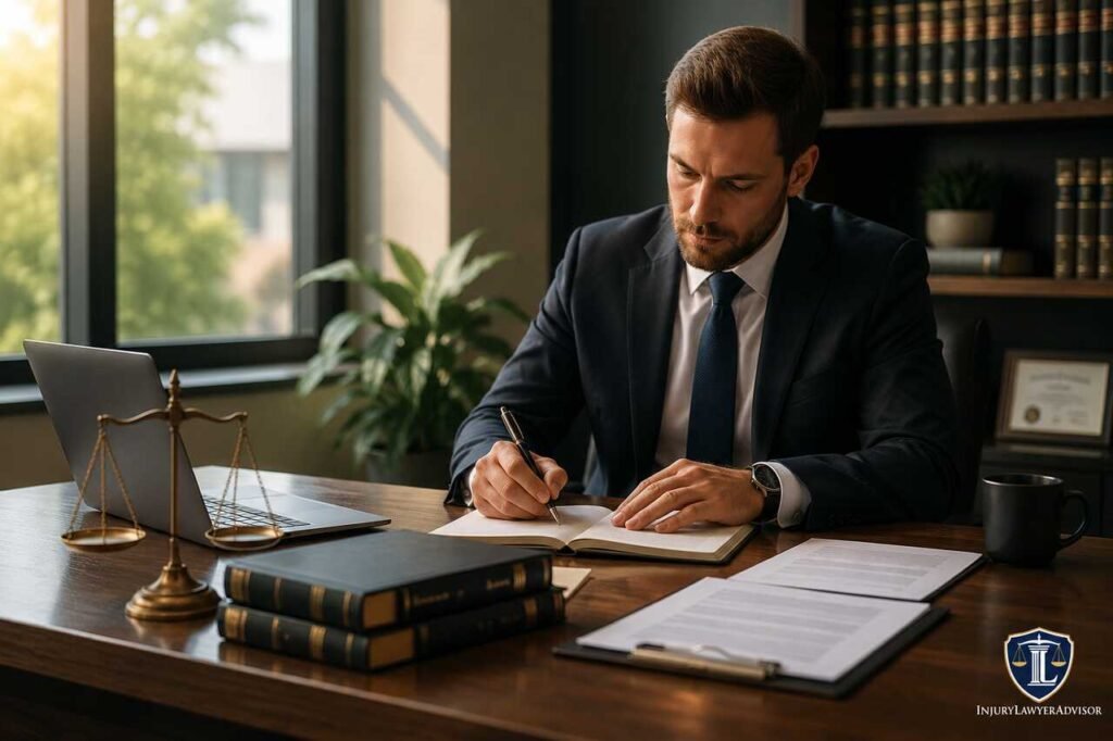 Attorney managing daily operations in a modern law firm office with legal documents, books, and business management tools.