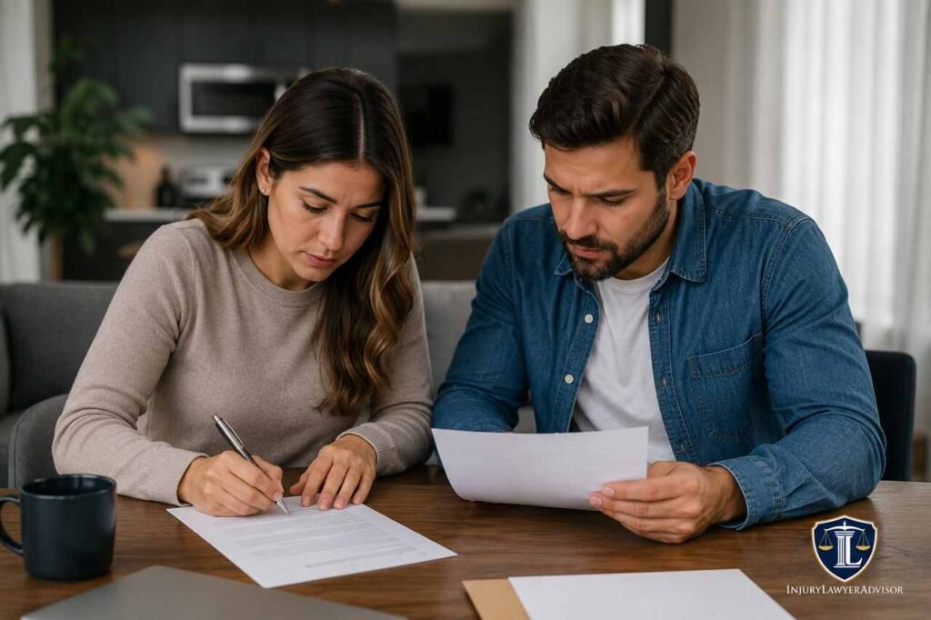 How to Avoid Common Law Marriage in Texas Without Legal Confusion Couple reviewing legal documents to avoid common law marriage in Texas with InjuryLawyerAdvisor logo.
