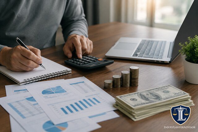 Person managing finances with a calculator, cash, coins, and financial reports at a desk.