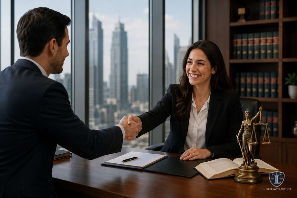 How to Become a Partner in a Law Firm: A Complete Guide to Building a Successful Legal Career Professional lawyers shaking hands in a modern law office, representing career growth and achieving law firm partnership.