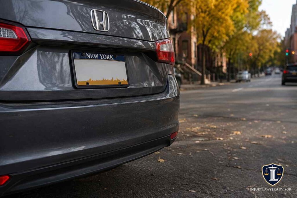 New York vehicle license plate displayed with a compliant frame on a parked car in an urban street scene.