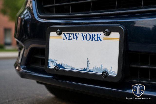 A realistic image of a New York license plate with a compliant frame mounted on a vehicle, featuring the InjuryLawyerAdvisor logo in the bottom-right corner.
