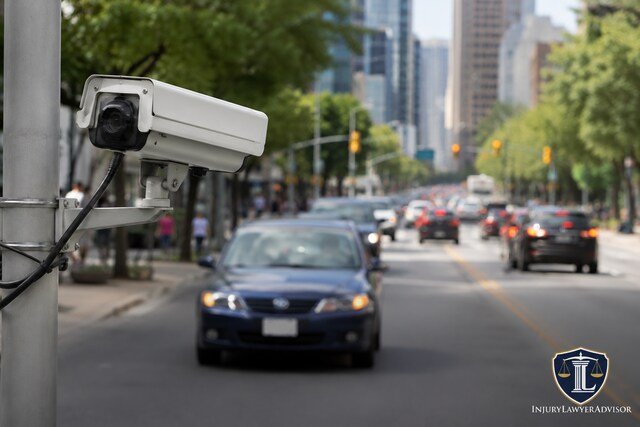 Automated license plate reader camera monitoring traffic on a city street with the InjuryLawyerAdvisor logo.