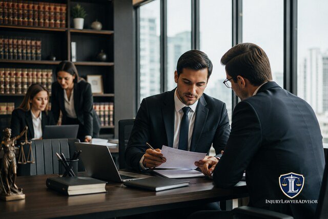 Professional attorneys reviewing legal documents in a modern law firm office.