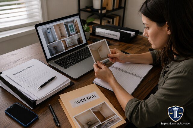 enant reviewing rental documents and property damage evidence for a tenant law case, with the InjuryLawyerAdvisor logo in the bottom-right corner.