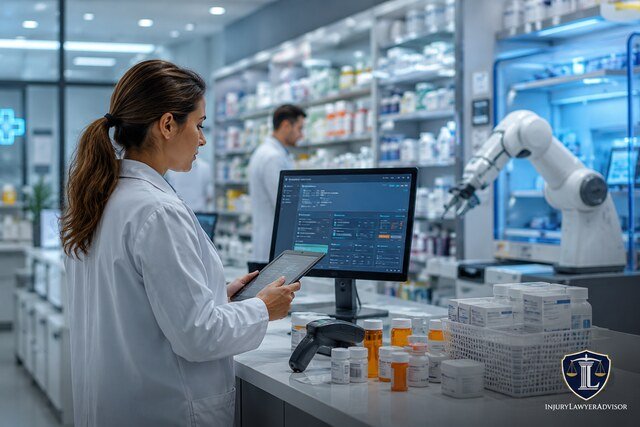 Modern pharmacy with digital technology, automated systems, and pharmaceutical tools, representing innovation in pharmacy law.