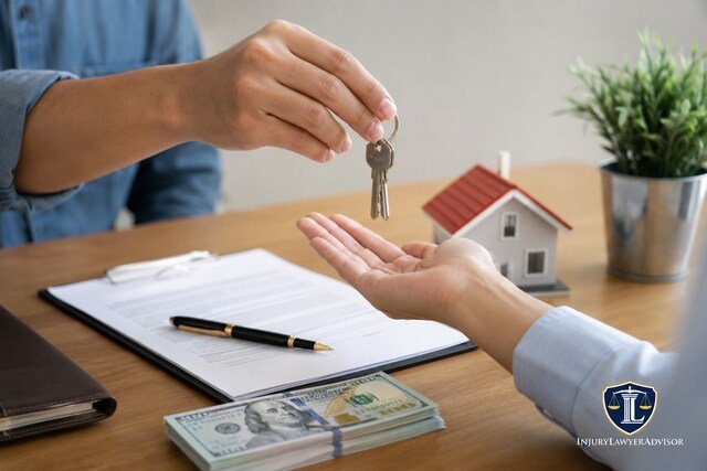 Tenant receiving house keys with security deposit documents and InjuryLawyerAdvisor logo.