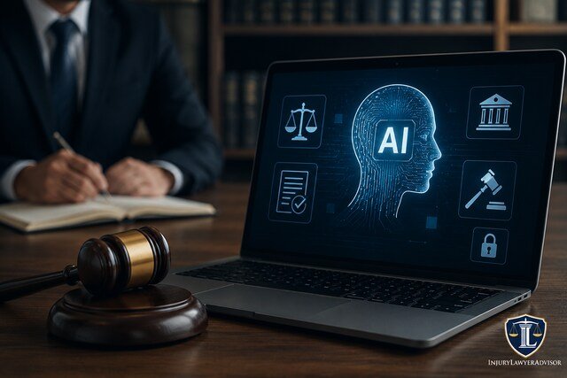 Legal AI compliance illustration with a laptop displaying AI legal symbols and a judge's gavel in a law office setting.