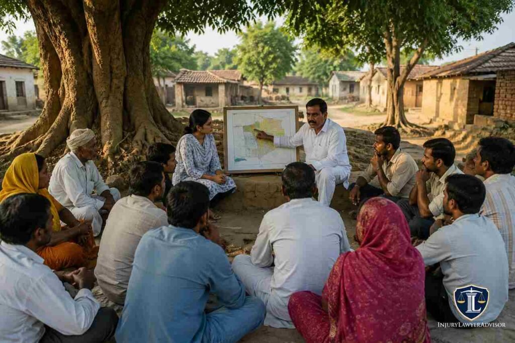 Villagers participating in a community meeting to learn about village laws, local governance, and regulations.