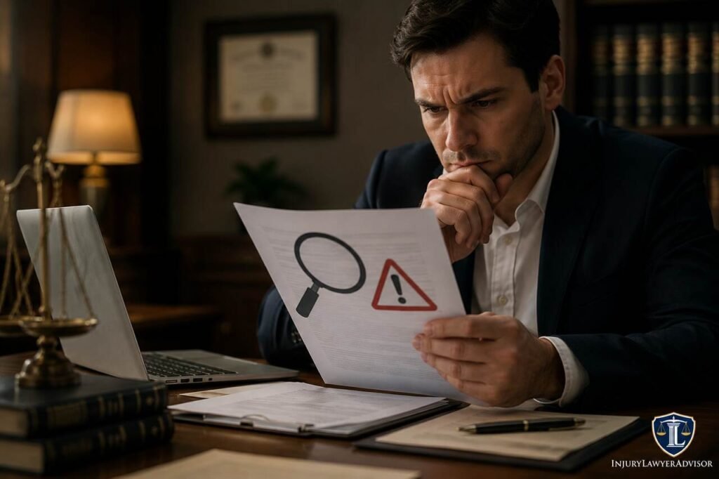 A realistic legal office scene showing a person carefully reviewing suspicious legal documents, symbolizing the process of identifying fake law firms and protecting against legal scams.