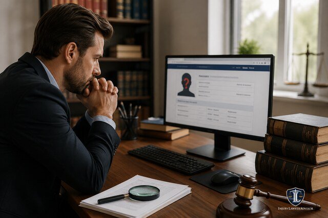 Legal professional verifying attorney license credentials in a law office with the InjuryLawyerAdvisor logo.