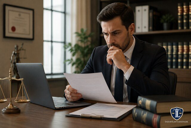 Professional reviewing legal documents to verify a law firm before hiring.