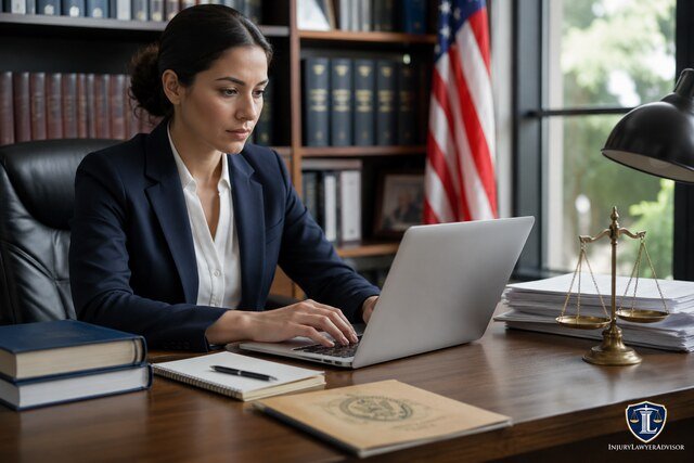 Lawyer using a laptop to access public legal resources in a professional office setting.