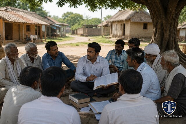 Village residents learning about regional and national laws in a rural community meeting.