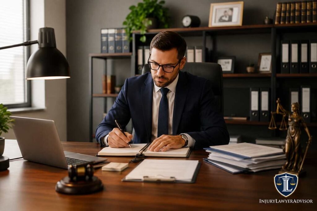 Professional law office management setup with attorney reviewing legal documents in a modern and organized workspace.