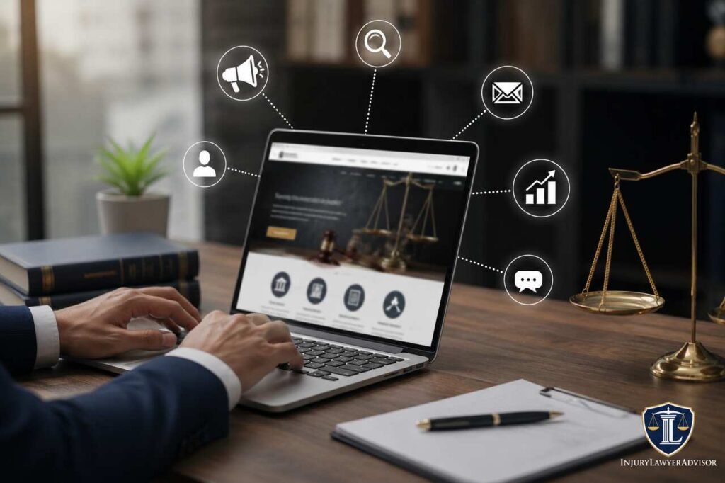 Modern law firm digital marketing workspace featuring online legal marketing strategies with the InjuryLawyerAdvisor logo.