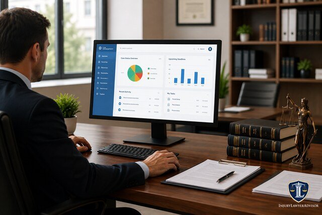 Modern law office with an attorney using a digital case management system, featuring the InjuryLawyerAdvisor logo in the bottom-right corner.