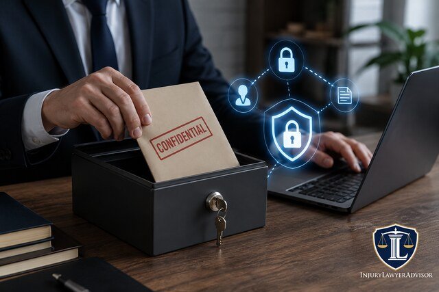 Secure client documents and digital data protection in a professional legal office with InjuryLawyerAdvisor branding.