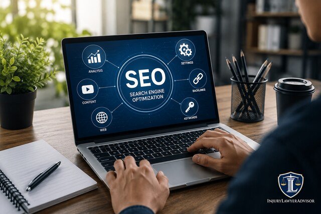 A realistic SEO-themed workspace with a laptop displaying optimization concepts and the InjuryLawyerAdvisor logo in the bottom-right corner.