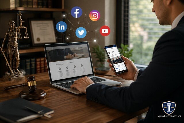 A lawyer uses digital tools and social media platforms for legal marketing in a modern law office, with the InjuryLawyerAdvisor logo in the bottom-right corner.