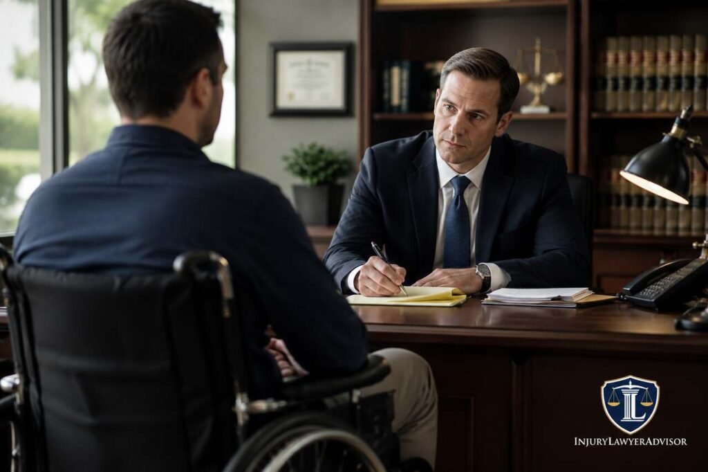 Experienced spinal cord injury lawyer consulting with a wheelchair user in a professional law office.