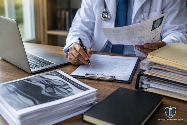 Doctor reviewing medical records and X-rays to support a personal injury claim.