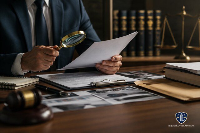 Lawyer examining case documents and evidence at a desk with legal books and a gavel in a professional law office.