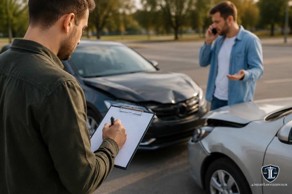 A realistic accident scene showing individuals documenting vehicle damage and contacting emergency services after a collision, highlighting important post-accident safety and legal steps.