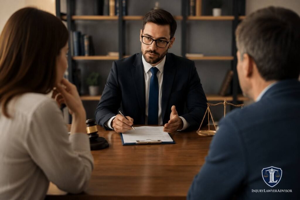 Family lawyer consulting with a divorcing couple and reviewing legal documents during divorce proceedings.