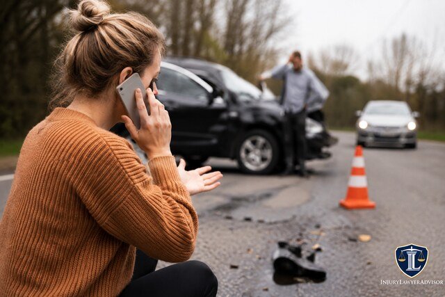 Person calling emergency services after a roadside car accident with the InjuryLawyerAdvisor logo in the corner.