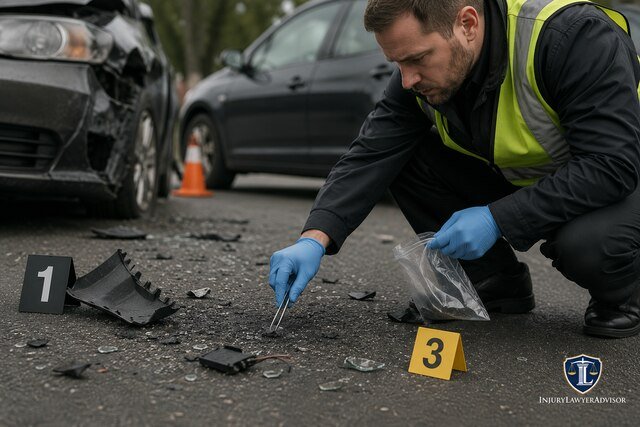 Accident scene investigator preserving physical evidence near damaged vehicles with the InjuryLawyerAdvisor logo in the corner.