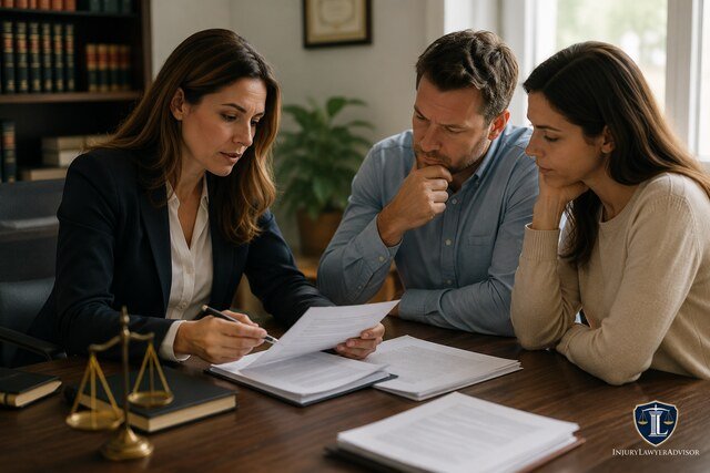Family lawyer reviewing divorce paperwork with a couple during a legal consultation.