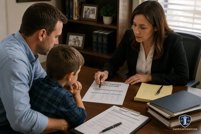 Family lawyer discussing child support calculations with a parent and child during a legal consultation.