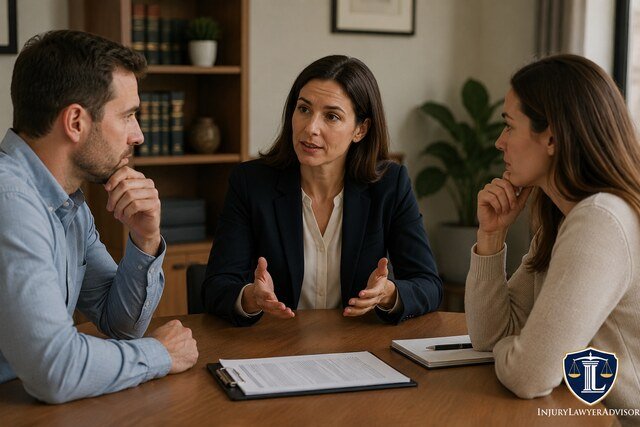 Family lawyer assisting two clients during a divorce mediation meeting in a professional office, with the InjuryLawyerAdvisor logo in the bottom-right corner.