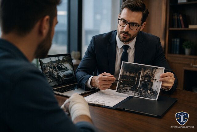 Burn injury attorney consulting with an injured client while reviewing fire accident evidence in a professional law office.