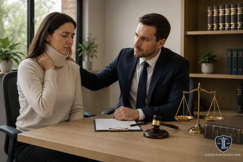 Neck injury victim consulting with an attorney about compensation claims and legal support for neck trauma recovery.