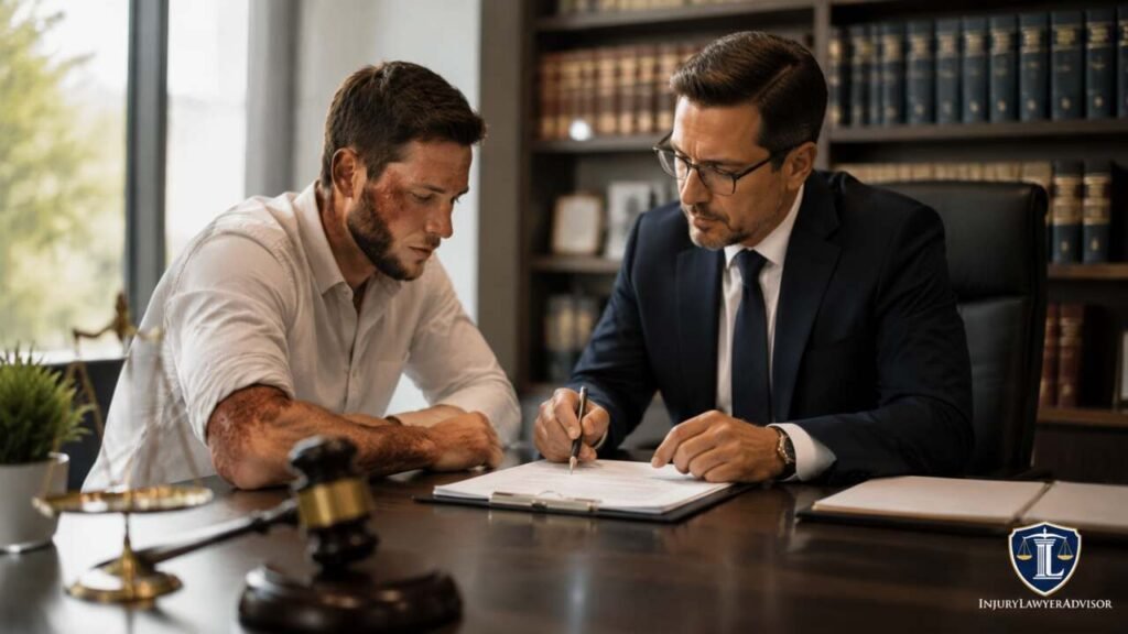 Burn injury victim consulting an attorney about accident compensation claims