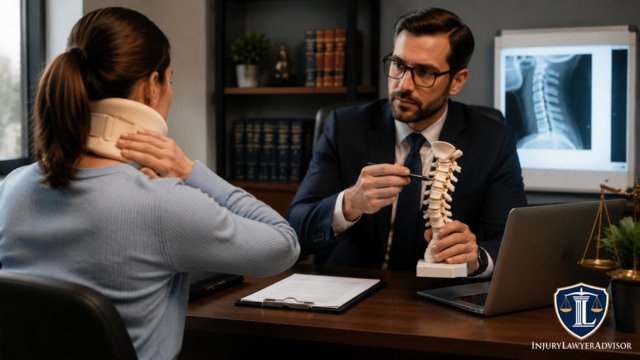 Neck injury lawyer consulting with client about spinal injury claim