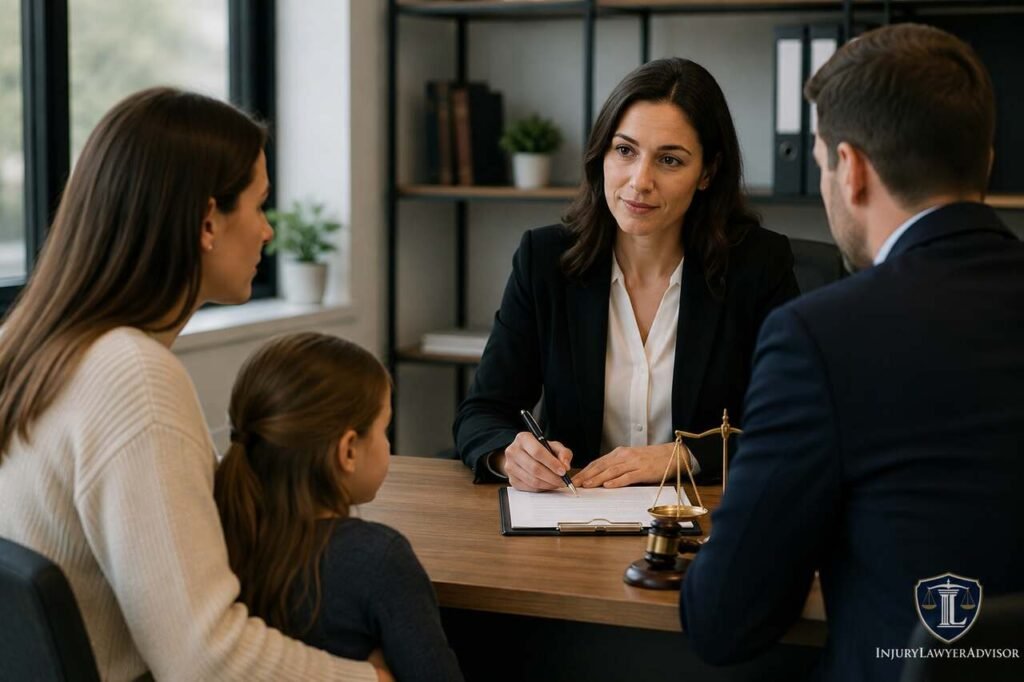 Family law attorney consulting with parents and child in a modern law office discussing legal services and family law matters.