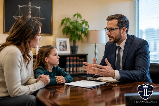 Family law attorney consulting with a mother and child in a professional legal office.