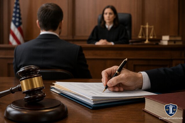 Courtroom scene with a judge, legal documents, and a gavel, featuring the InjuryLawyerAdvisor logo.