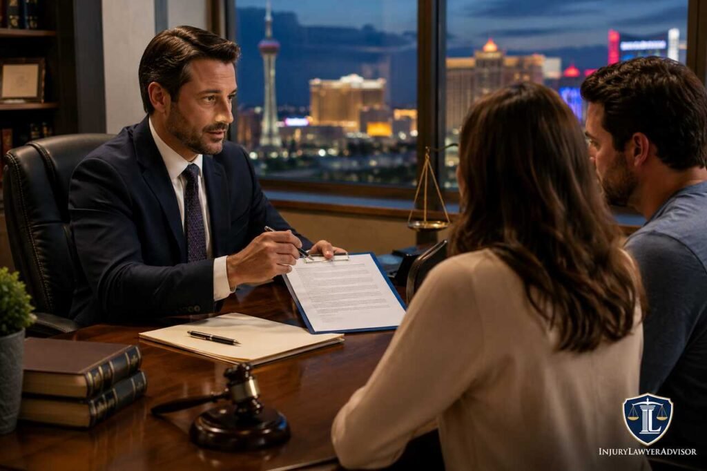 Professional Las Vegas personal injury lawyer consulting with clients in a modern law office overlooking the Las Vegas skyline.