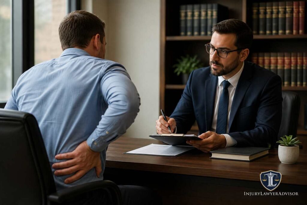 Client consulting a back injury lawyer to discuss compensation and legal options after a serious back injury.