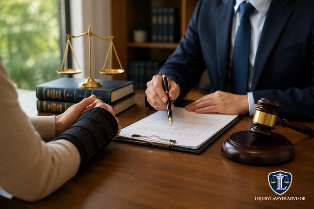 Personal injury lawyer consulting an injured client in a law office with legal documents and justice symbols.