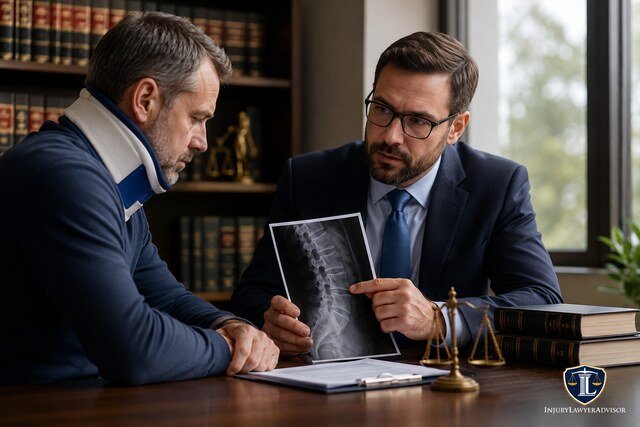 Back injury client consulting an experienced lawyer while reviewing a spinal X-ray in a professional law office.
